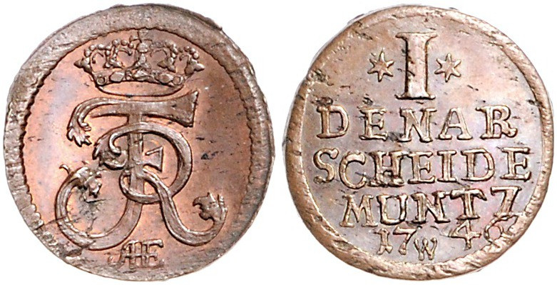 Brandenburg/-Preußen. 
Friedrich II. 1740-1786. Kupferdenar 1746 AHE für Provin...