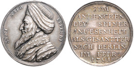 Brandenburg/-Preußen. 
Friedrich Wilhelm II. 1786-1797. Silbermedaille 1791 (Sign. K=A.F. König) auf Ahmed Asmi Efendi, zweiter osmanischer Gesandter...