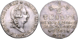 Braunschweig/-Calenberg-Hannover. 
Georg III. 1760-1820. 1/2 Taler 1801 C Hannover. Variante: CASSEN=GELD (mit doppeltem Bindestrich), Laubrand. Welt...