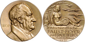 Frankfurt, Stadt. 
Medaillen auf Johann Wolfgang von Goethe. Bronzemedaille 1930 (v. Prack) auf die II. Allschlaraffische Faust-Feyer in Frankfurt. F...