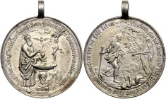 Versilberte Medaille o.J. (v. P.H. Müller) DAS BLUT JESU CHRISTI DES SOHNS GOTTES MACHET UNS REIN VON ALLER SÜNDE / ICH GIENG FÜR DIR ÜBER . Forster&n...