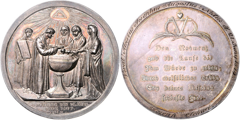 Silbermedaille o.J. (sign. C G) Taufszene EIN HERR EIN GLAUBE EINE TAUF., mit rü...