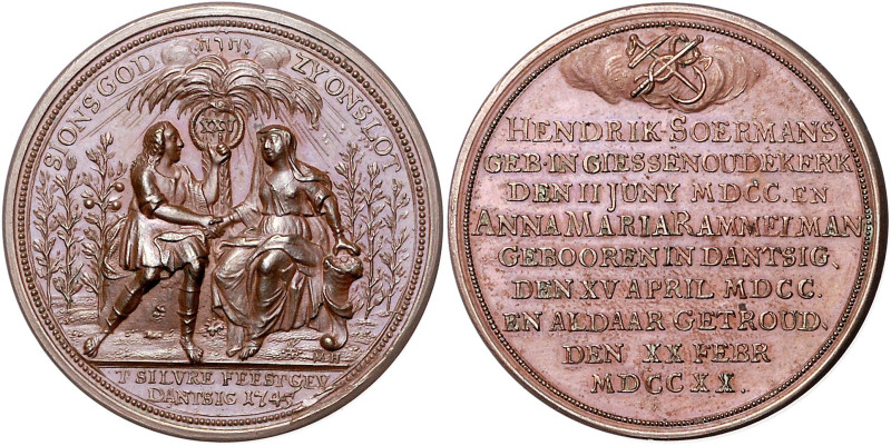 Bronzemedaille 1745 (v. Holtzhey) auf die Silberhochzeit von Hendrik Soermans un...