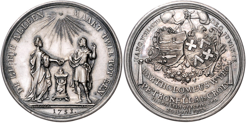 Silbermedaille (graviert 1753) (v. Holtzhey) auf die Silberhochzeit von Bartholo...