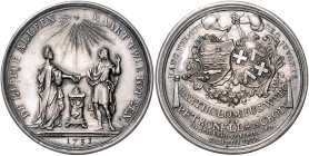 Silbermedaille (graviert 1753) (v. Holtzhey) auf die Silberhochzeit von Bartholomeus Wybo & Petronella la Croix. Bemolt&nbsp;1087, KPK&nbsp;2991. 39,9...