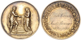 Vergoldete Silbermedaille o.J. (v. Montagny) auf die Ehe, mit rückseitiger Gravur. 28,2&nbsp;mm, 11,21&nbsp;g. . 

vz+