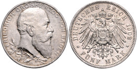 Baden. 
Friedrich I. 1856-1907. 5 Mark 1902 (G) Zum 50-jährigen Regierungsjubiläum. Jaeger&nbsp;31. . 

ss