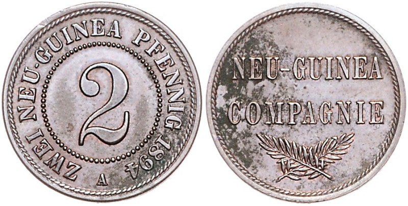 Deutsch-Neuguinea. 
2 Neu-Guinea-Pfennig 1894 A. Jaeger&nbsp;702. etwas Belag. ...