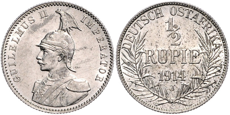 Deutsch-Ostafrika. 
1/2 Rupie 1914 J. Jaeger&nbsp;721. etwas fleckig. 

vz/vz...