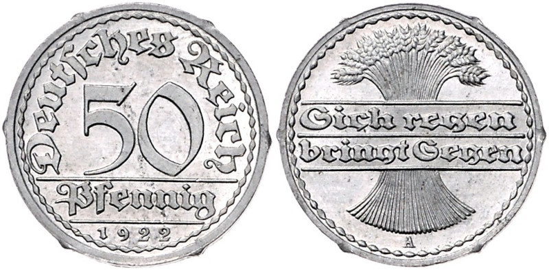 50 Pfennig 1922 A Probeprägung in Aluminium, Rand glatt mit 6 Erhöhungen (kein R...