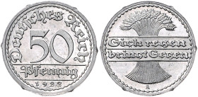 50 Pfennig 1922 A Probeprägung in Aluminium, Rand glatt mit 6 Erhöhungen (kein Riffelrand). Jaeger&nbsp;zu&nbsp;301, Schaaf&nbsp;301G4. 1,61&nbsp;g. ....