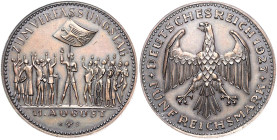 5 Reichsmark-Probe 1927 ohne Mzz. Zum Verfassungstag, Gruppe mit Fahnenschwinger. Bronzeprobe aus dem Nachlass des Medailleurs Karl Schmidt, Schwäbisc...
