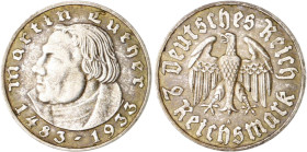Lot von 7 Stücken: 2 Reichsmark 1933 A zum 450. Geburtstag von Martin Luther. Jaeger&nbsp;352. . 

ss und besser