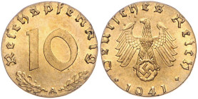 10 Pfennig 1941 A Materialprobe in Messing (statt Zink) mit kleinerem Durchmesser, Rand glatt. Jaeger&nbsp;zu&nbsp;371, Schaaf&nbsp;-&nbsp;(vgl.&nbsp;...