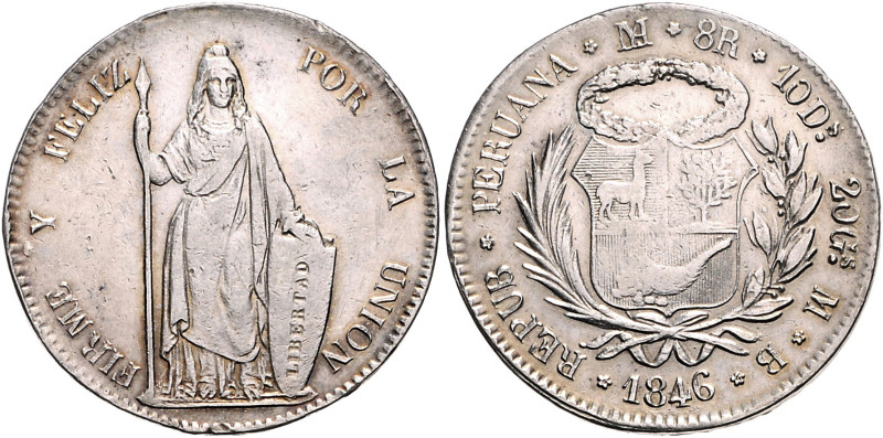 Peru. 
Republik seit 1821. Lot von 2 Stücken: 8 Reales 1841 und 1846. K.M.&nbsp...