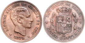 Spanien. 
Alfonso XII. 1874-1885. 5 Centimos 1879 OM. K.M.&nbsp;674. . 

vz-st