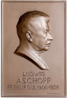 Medicina in nummis. 
Einseitige Bronzeplakette 1936 (v. Kraumann) auf Karl Albert Ludwig Aschoff, Pathologe und Medizinhistoriker, anlässlich seiner ...