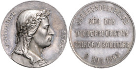 Personenmedaillen. 
Schiller, Friedrich von *1759 +1805. Silbermedaille 1905 (v. Drentwett, unsign.) auf seinen 100. Todestag. Slg.&nbsp;Brettauer&nb...