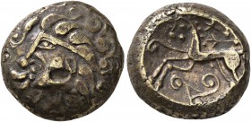 CELTIC, Central Gaul. Aedui. Circa 80-50 BC. Stater (Electrum, 15 mm, 6.64 g, 8 h), 'Chen&#244;ves - au trisk&#232;le' type. Celticized male head to l...