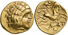 CELTIC, Northwest Gaul. Aulerci Cenomani. 2nd century BC. Stater (Gold, 21 mm, 7.70 g, 6 h), 'aux objets ovoides' type. Celticized laureate head of Ap...