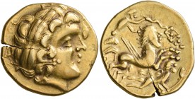 CELTIC, Northwest Gaul. Aulerci Cenomani. 2nd century BC. Stater (Gold, 21 mm, 7.57 g, 10 h), 'personnage pourvu d'une seule aile' type. Celticized la...