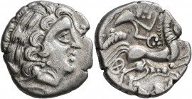 CELTIC, Northwest Gaul. Aulerci Diablintes. Circa 100-50 BC. Stater (Silver, 20 mm, 6.30 g, 8 h), '&#224; la situle' type. Celticized laureate head of...