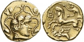 CELTIC, Northwest Gaul. Veneti. 2nd century BC. Quarter Stater (Gold, 12 mm, 1.92 g, 3 h), '&#224; la petite t&#234;te nue' type. Celticized head of A...