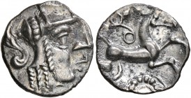CELTIC, Northwest Gaul. Uncertain tribe. Circa 50-25 BC. Quinarius (Silver, 14 mm, 1.04 g, 8 h), '&#224; la t&#234;te de Pallas' type. Celticized head...