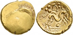 CELTIC, Northeast Gaul. Ambiani. Circa 60-30 BC. Stater (Gold, 19 mm, 6.25 g). Blank convex surface with bulge with radiating lines near the edge. Rev...