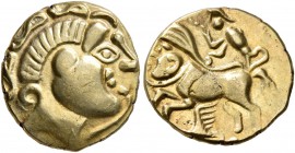 CELTIC, Northeast Gaul. Treveri. 2nd century BC. Quarter Stater (Electrum, 13 mm, 1.89 g, 3 h), '&#224; la t&#234;te cornue' type. Celticized male hea...
