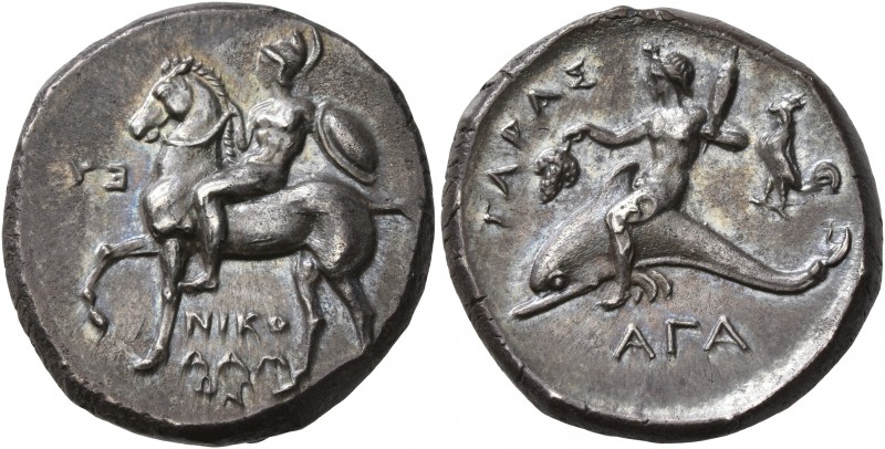 CALABRIA. Tarentum. Circa 302-280 BC. Didrachm or Nomos (Silver, 22 mm, 7.84 g, ...