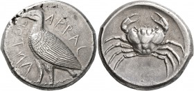 SICILY. Akragas. Circa 470/465-440s. Tetradrachm (Silver, 26 mm, 17.24 g, 12 h). AKPAC- ANTOC Eagle standing left with closed wings. Rev. Crab within ...