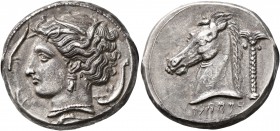 SICILY. Entella (?). Punic issues , circa 320/15-300 BC. Tetradrachm (Silver, 25 mm, 17.13 g, 7 h). Head of Tanit-Persephone to left, wearing wreath o...