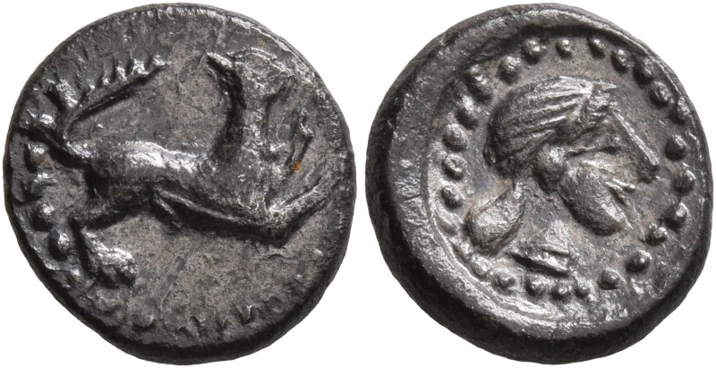 SICILY. Segesta. Circa 380 BC. Hemidrachm (Silver, 12 mm, 1.65 g, 2 h). Hound to...