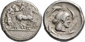 SICILY. Syracuse. Deinomenid Tyranny , 485-466 BC. Tetradrachm (Silver, 25 mm, 17.06 g, 8 h), circa 475-470. Charioteer driving quadriga walking to ri...
