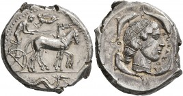 SICILY. Syracuse. Second Democracy , 466-405 BC. Tetradrachm (Silver, 27 mm, 17.24 g, 10 h), circa 450-440. Charioteer driving quadriga walking to rig...