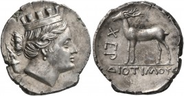 TAURIC CHERSONESOS. Chersonesos. Circa 110-90 BC. Drachm (Subaeratus, 19 mm, 3.58 g, 1 h), Diotimos, magistrate. Turreted head of Artemis to right, bo...