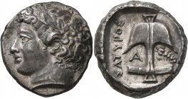 THRACE. Apollonia Pontika. Mid 4th century BC. Tetradrachm (Silver, 24 mm, 17.02 g, 1 h), Satyros, magistrate. Laureate head of Apollo to left. Rev. Σ...