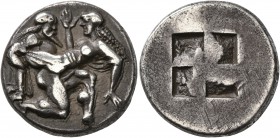 ISLANDS OFF THRACE, Thasos. Circa 463-449 BC. Stater (Silver, 20 mm, 8.97 g). Nude ithyphallic satyr, with long beard and long hair, moving right in '...