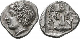 MACEDON, Chalkidian League. Circa 390 BC. Tetradrachm (Silver, 25 mm, 14.29 g, 3 h), Olynthos. Laureate head of Apollo to left. Rev. XAΛ-KIΔ-EΩN Kitha...