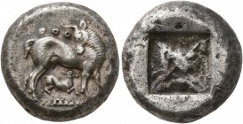 MACEDON. Ennea Odoi (?). Circa 500-480 BC. Stater (Silver, 18 mm, 10.04 g). Cow standing right on hatched ground line, head turned left towards calf s...