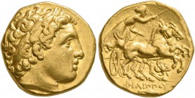 KINGS OF MACEDON. Philip II, 359-336 BC. Stater (Gold, 17 mm, 8.56 g, 1 h), Teos, circa 323/2-315. Laureate head of Apollo to right. Rev. ΦΙΛΙΠΠOY Cha...
