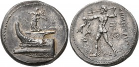 KINGS OF MACEDON. Demetrios I Poliorketes, 306-283 BC. Tetradrachm (Silver, 26 mm, 17.17 g, 5 h), Amphipolis, circa 294-293 BC. Nike, blowing a trumpe...