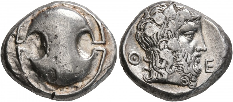 BOEOTIA. Thebes. Circa 425-395 BC. Stater (Silver, 22 mm, 12.22 g). Boeotian shi...