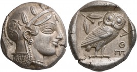 ATTICA. Athens. Circa 455-449 BC. Tetradrachm (Silver, 24 mm, 17.16 g, 1 h). Head of Athena to right, wearing crested Attic helmet decorated with thre...