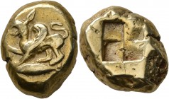 MYSIA. Kyzikos. Circa 500-450 BC. Stater (Electrum, 20 mm, 15.99 g). Roaring griffin standing left on a tunny, right foreleg raised and tongue protrud...