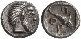 ISLANDS OFF MYSIA, Pordosilene. 4th century BC. Hemiobol (Silver, 7 mm, 0.47 g, 9 h). Head of bearded Silenos with animal ear and wavy hair to right. ...