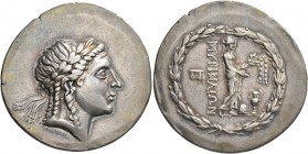 AEOLIS. Myrina. Circa 160-143 BC. Tetradrachm (Silver, 35 mm, 16.76 g, 1 h). Laureate head of Apollo to right. Rev. MΥΡINAIΩN Apollo Grynios standing ...