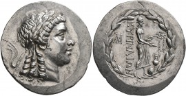 AEOLIS. Myrina. Circa 160-143 BC. Tetradrachm (Silver, 34 mm, 16.63 g, 1 h). Laureate head of Apollo to right. Rev. MΥΡINAIΩN Apollo Grynios standing ...