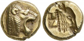 LESBOS. Mytilene. Circa 521-478 BC. Hekte (Electrum, 10 mm, 2.59 g, 2 h). Head of a roaring lion to right. Rev. Incuse head of a calf to right with re...
